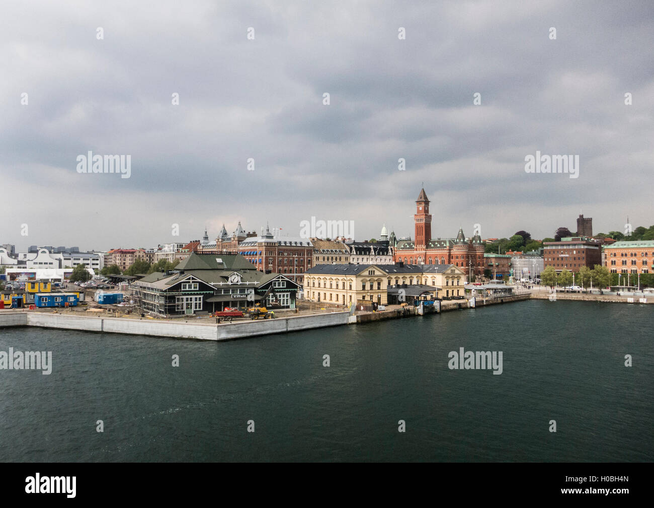 The port and down-town of Helsingborg in south Sweden as seen from the ferry from Elsinore in Denmark Stock Photo