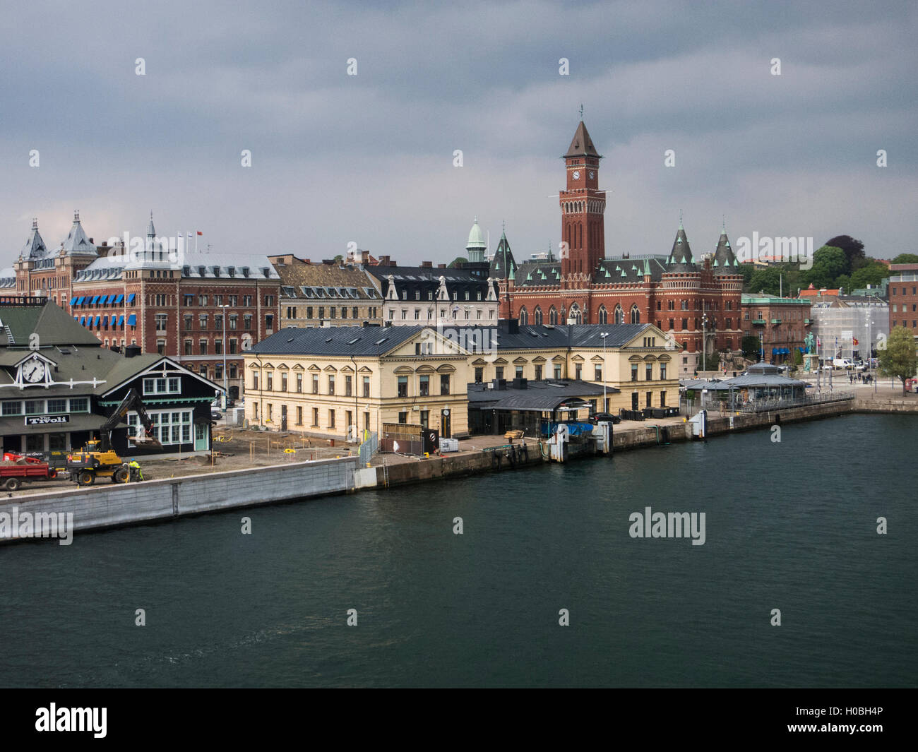The port and down-town of Helsingborg in south Sweden as seen from the ferry from Elsinore in Denmark Stock Photo