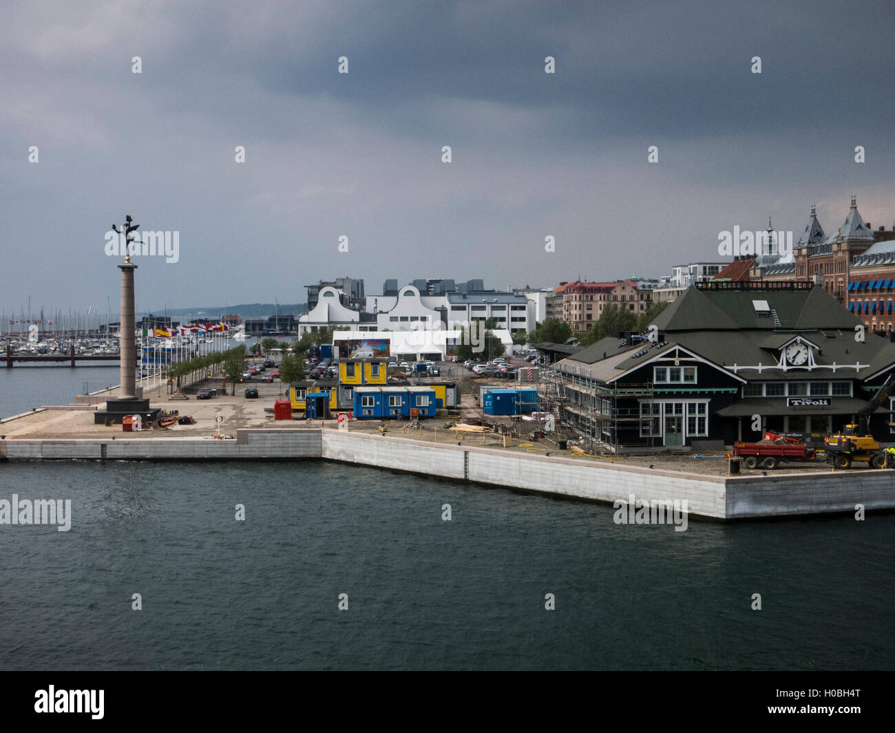 The port and down-town of Helsingborg in south Sweden as seen from the ferry from Elsinore in Denmark Stock Photo