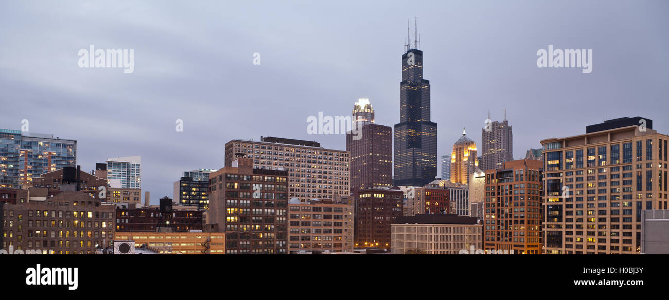 Chicago. Chicago downtown district buildings with Willis Tower. Stock Photo