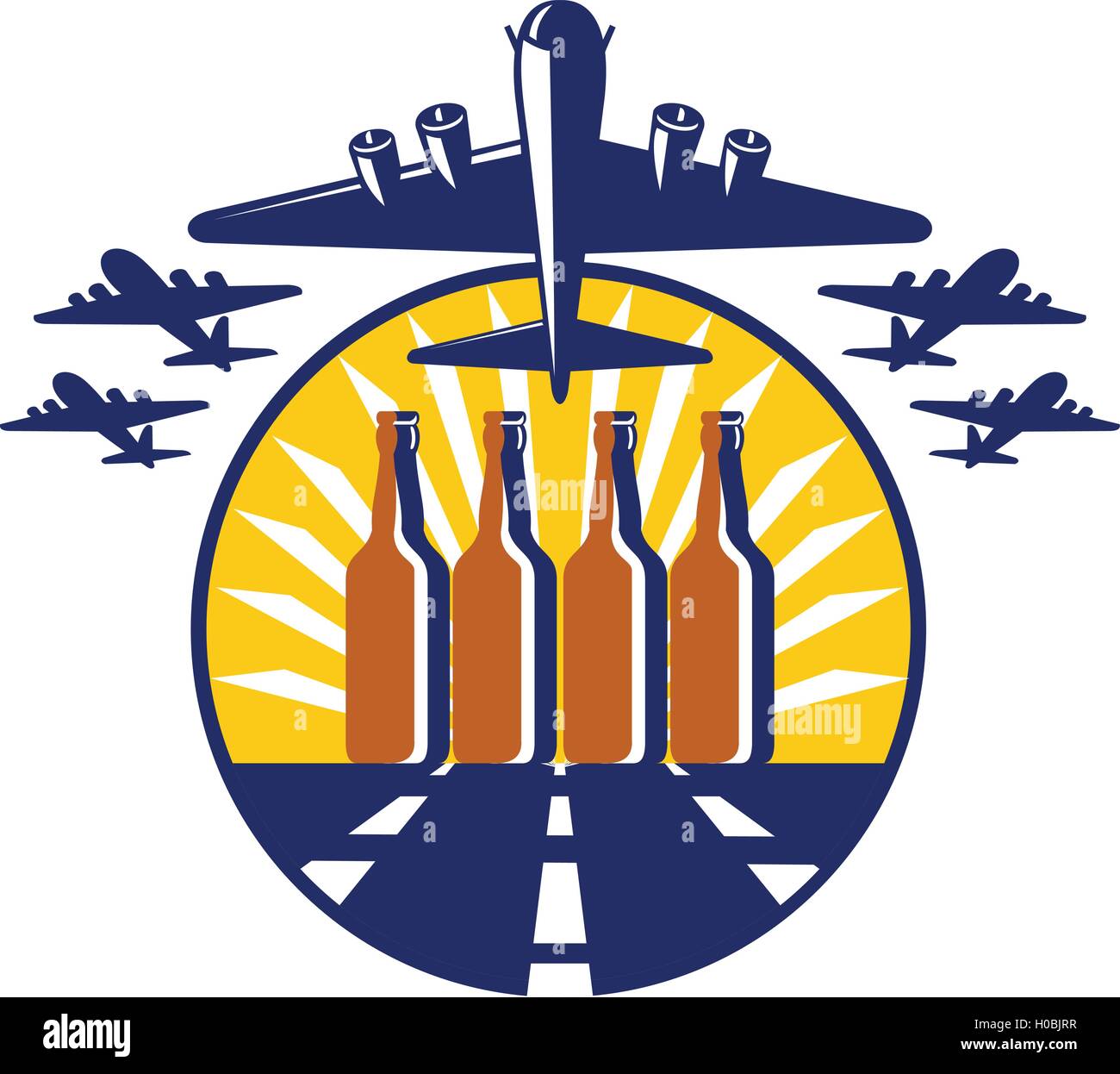 Illustration of a B-17 Flying Fortress, a World War two American four-engine heavy bomber taking off and in full flight with beer bottles in the runway and sunburst in the background set inside circle done in retro style. Stock Vector