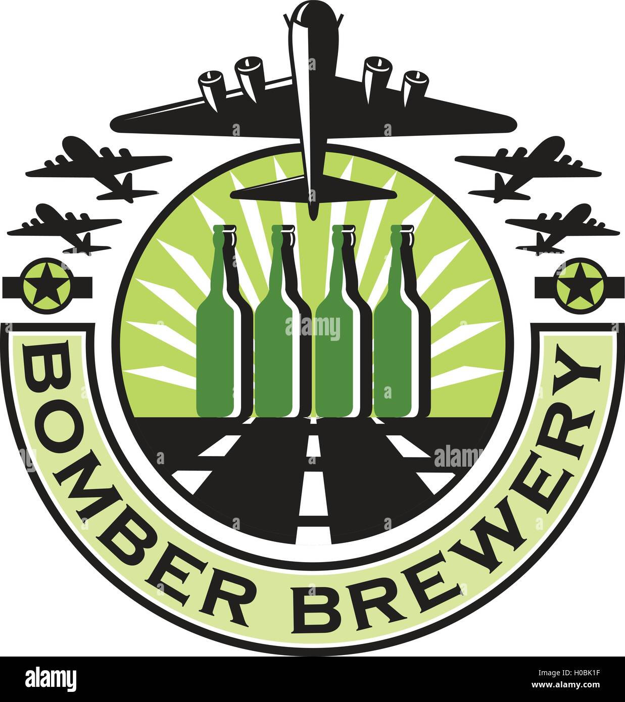 Illustration of a B-17 Flying Fortress, a World War two American four-engine heavy bomber taking off and in full flight with beer bottles in the runway and sunburst in the background set inside circle with the words text Bomber Brewery done in retro style Stock Vector