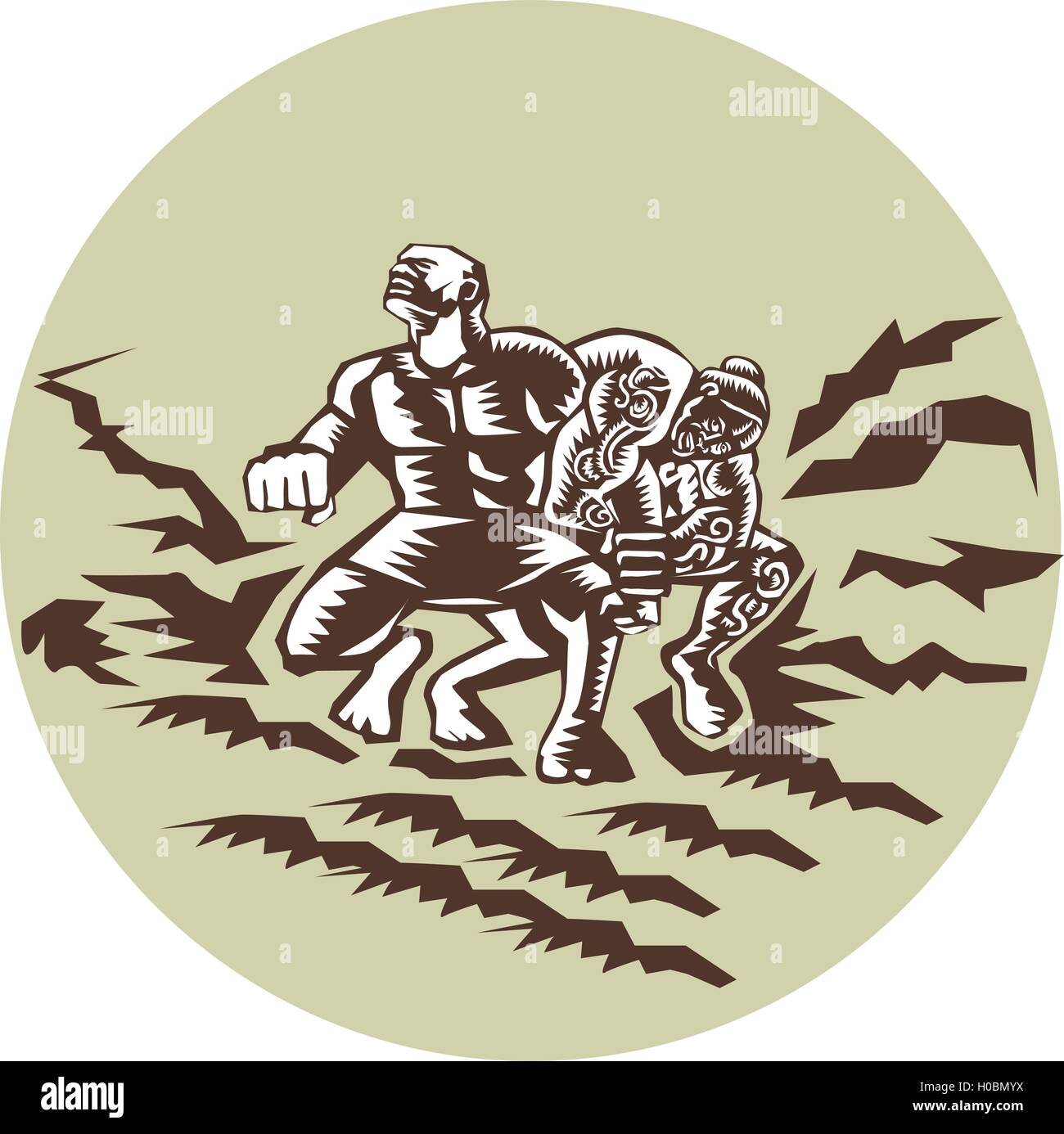 Illustration of Samoan legend Tiitii wrestling the God of Earthquake and breaking his arm set omsode circle done in retro woodcut style. Stock Vector