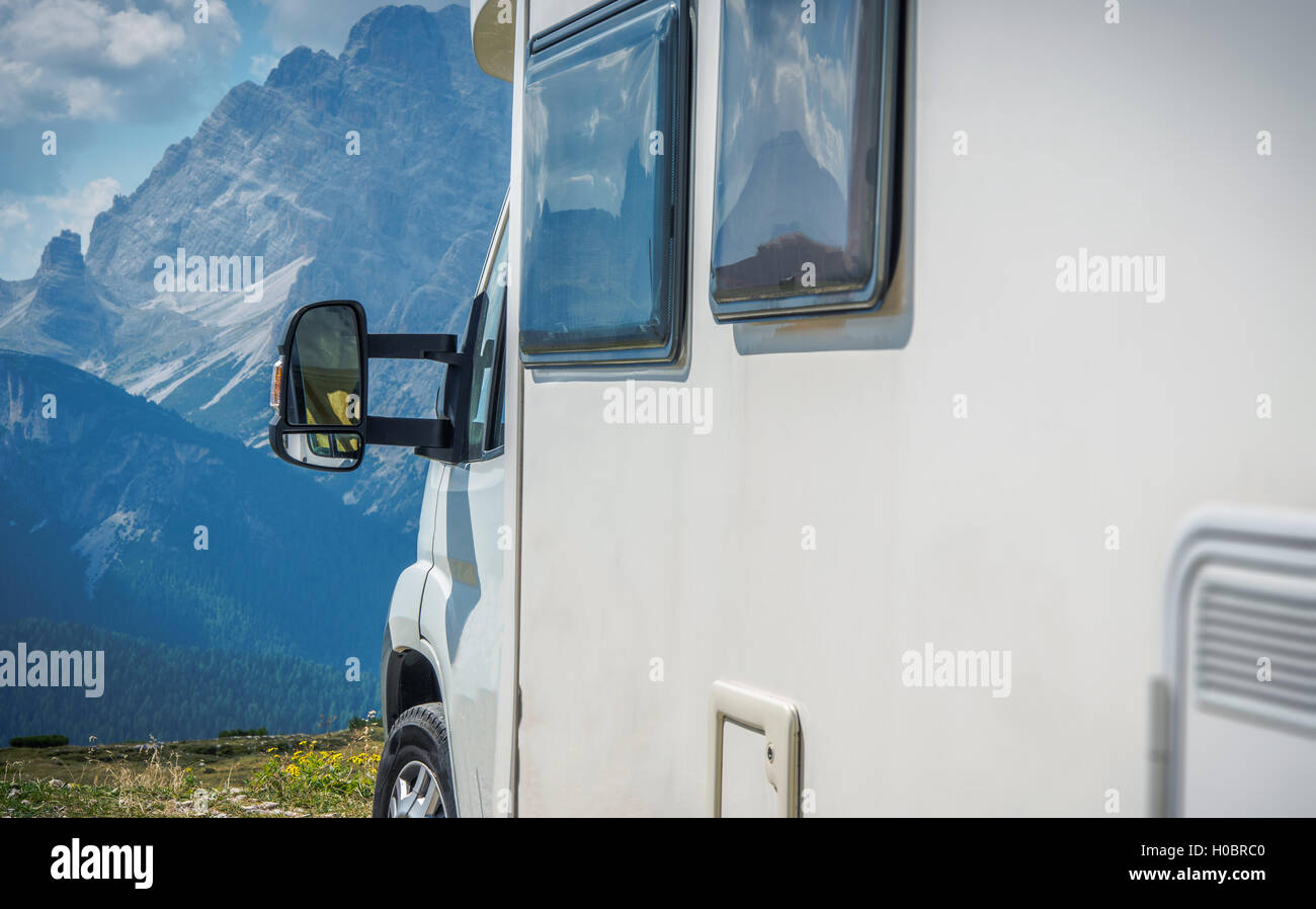Mountain Vista Motorhome Camping. RV Camping in the High Alpine Landscape. Stock Photo