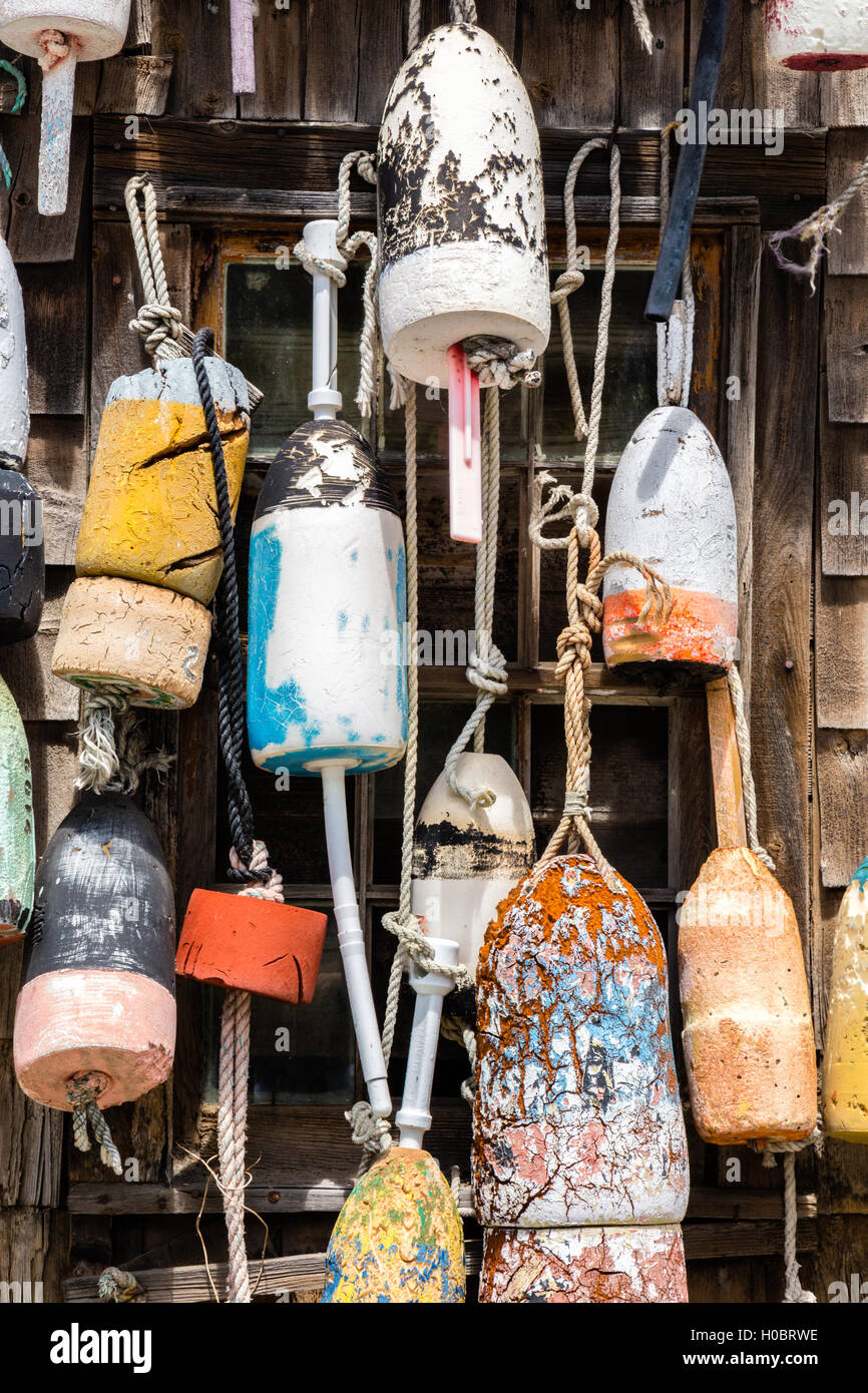 Old Lobster Buoys hanging at Cape Neddick Lobster Pound, York, Maine