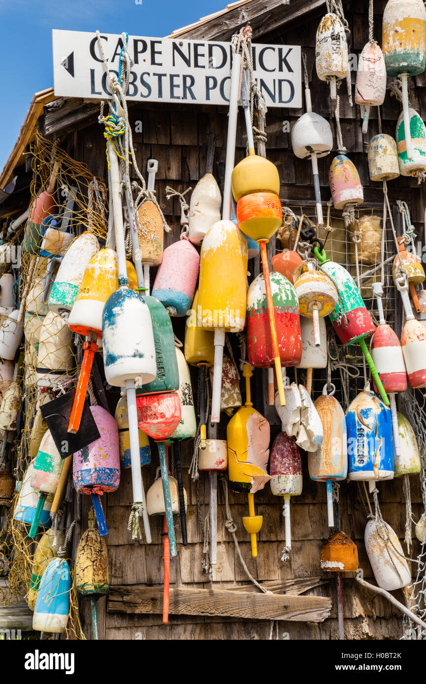 Old Lobster Buoys hanging at Cape Neddick Lobster Pound, York, Maine Stock  Photo - Alamy