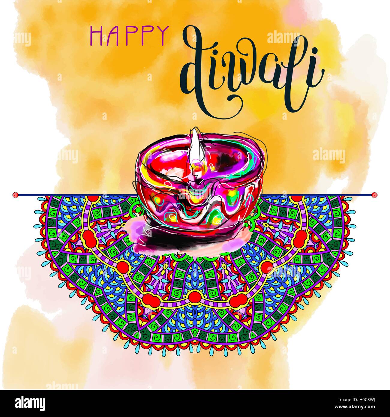 Happy Diwali watercolor greeting card to indian fire festival wi ...