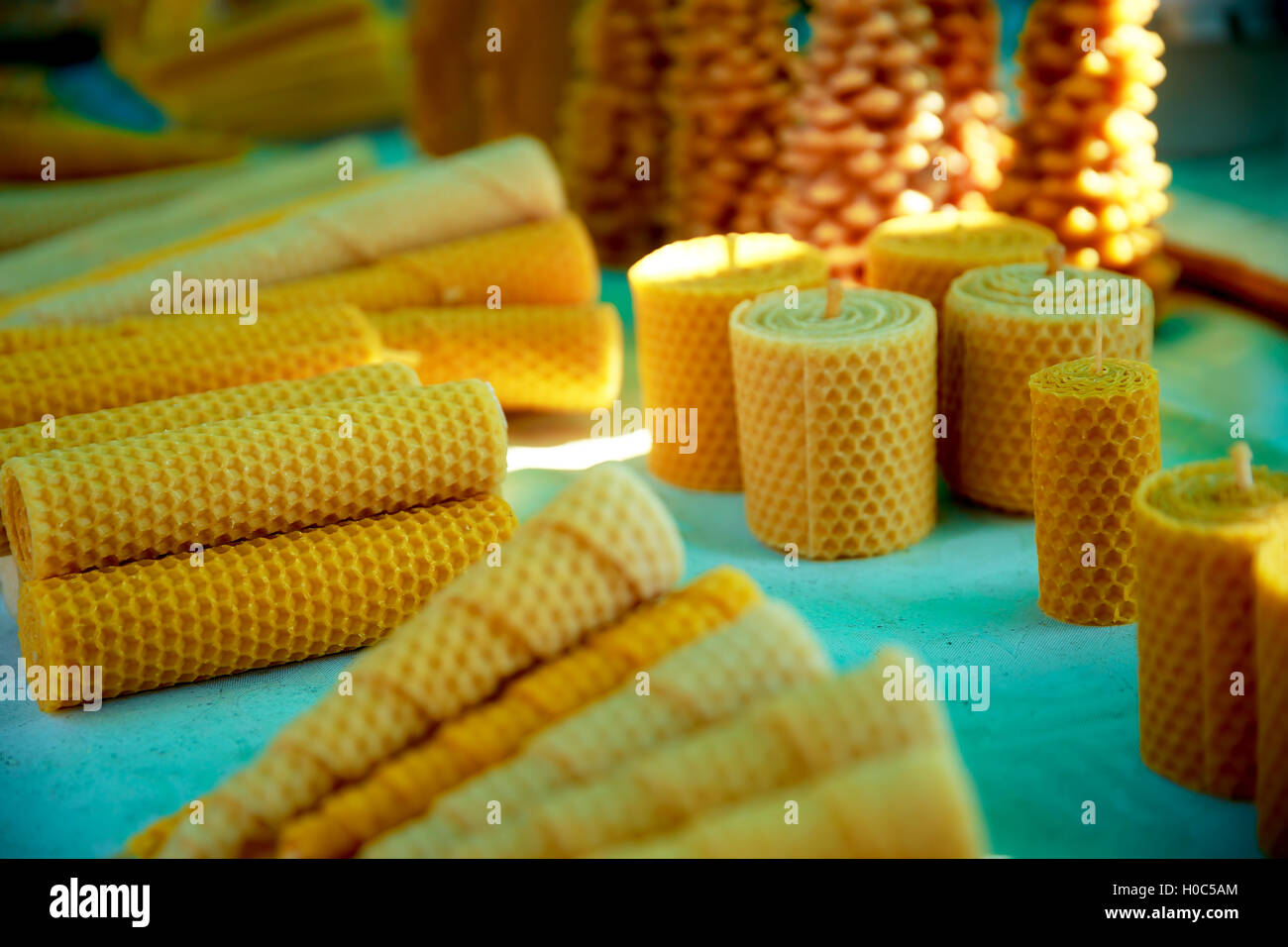 set of wax candles of different shapes and structures Stock Photo Alamy