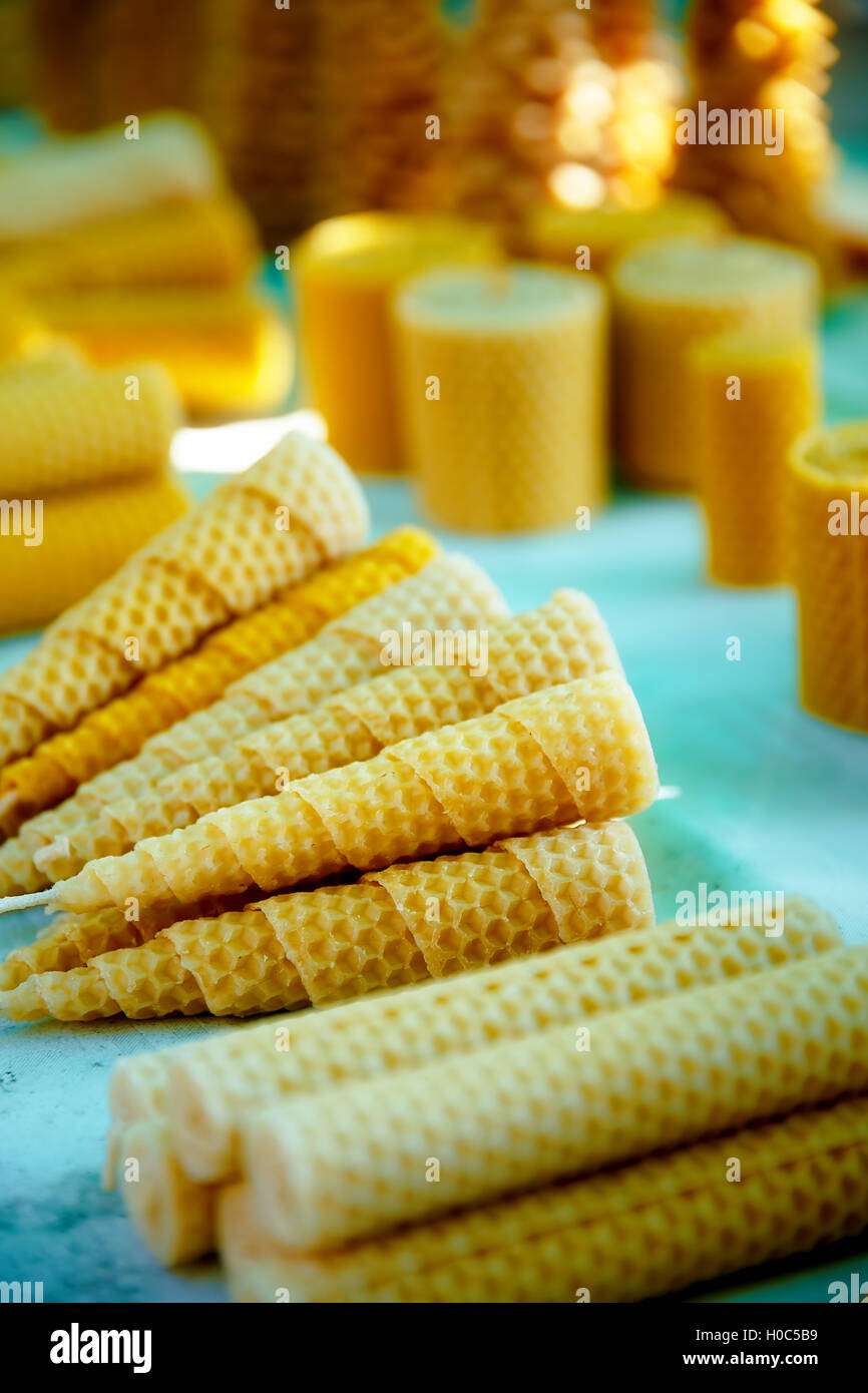 set of wax candles of different shapes and structures Stock Photo Alamy
