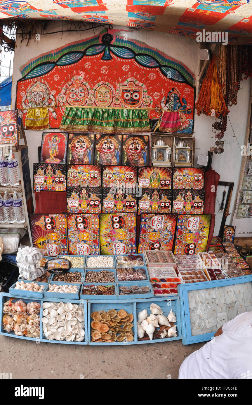 Puri, Odisha, India-July 3, 2011: Memento of Lord Jagannath, Balbhadra and Subhadra on display at the shop near Jagannath Temple Stock Photo