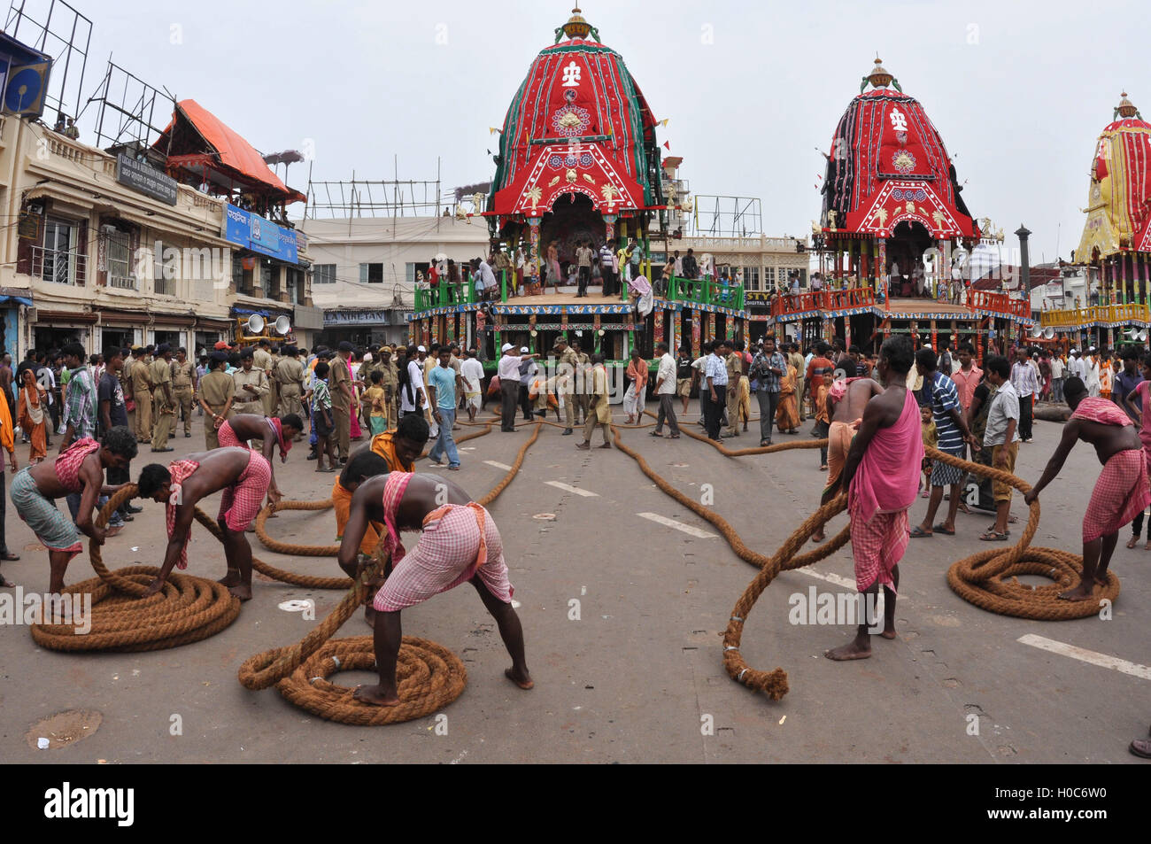 Puri, Odisha, India- July 2, 2011: Preparation for the Lord Jagannath Rath Yatra at Puri, Odisha, India.  The Jagannath rath yat Stock Photo