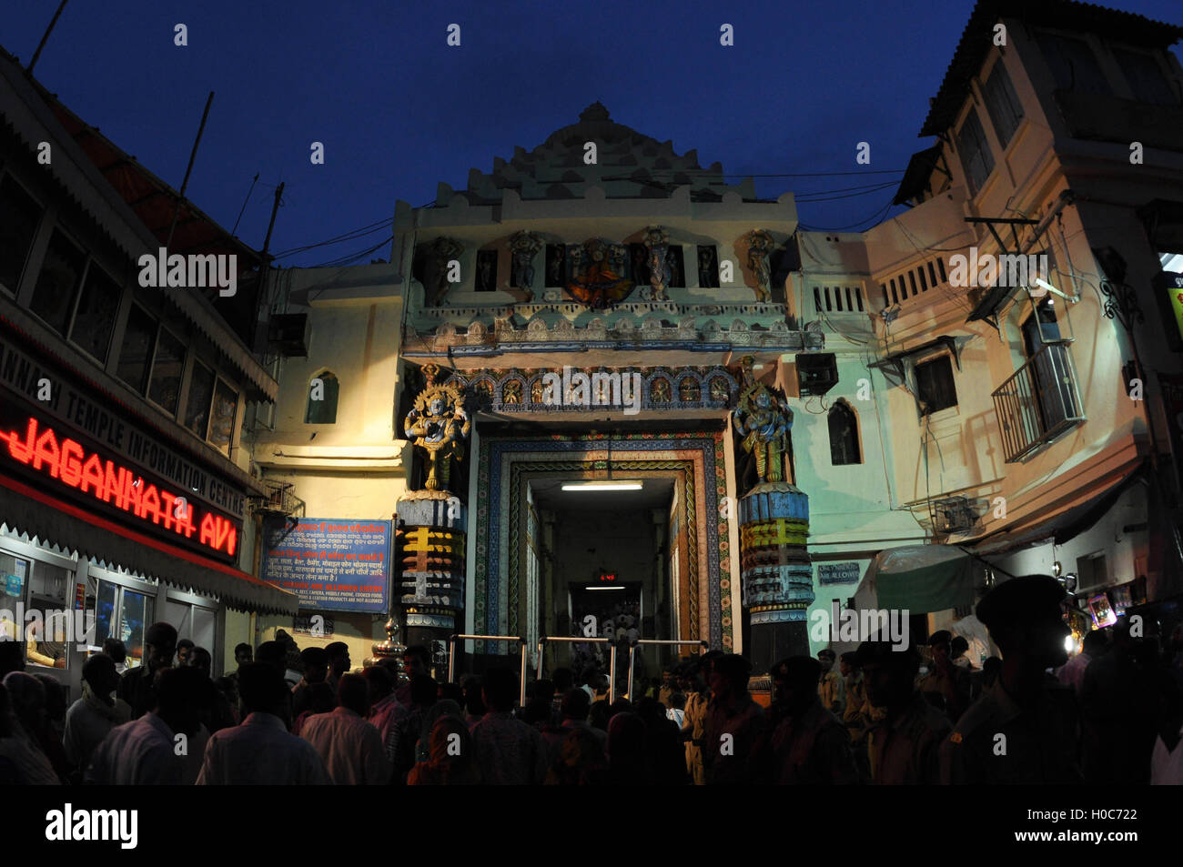 Puri, Odisha, India-July 2, 2011: Lion’s Gate in front of the Jagannath Temple, decorated and dimly lit, for Rath Yatra Festival Stock Photo
