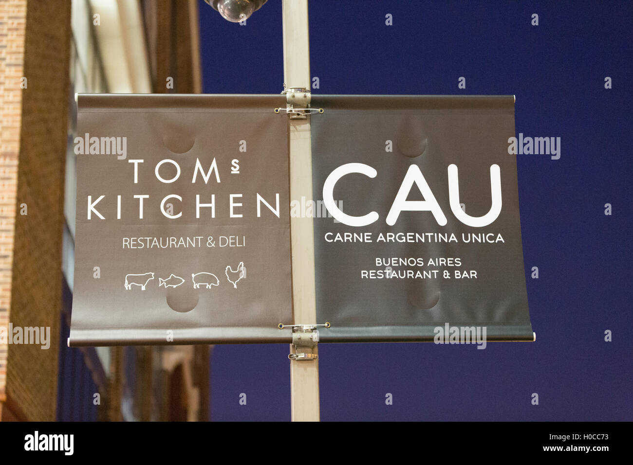 Tom's Kitchen and Cau restaurant sign Stock Photo