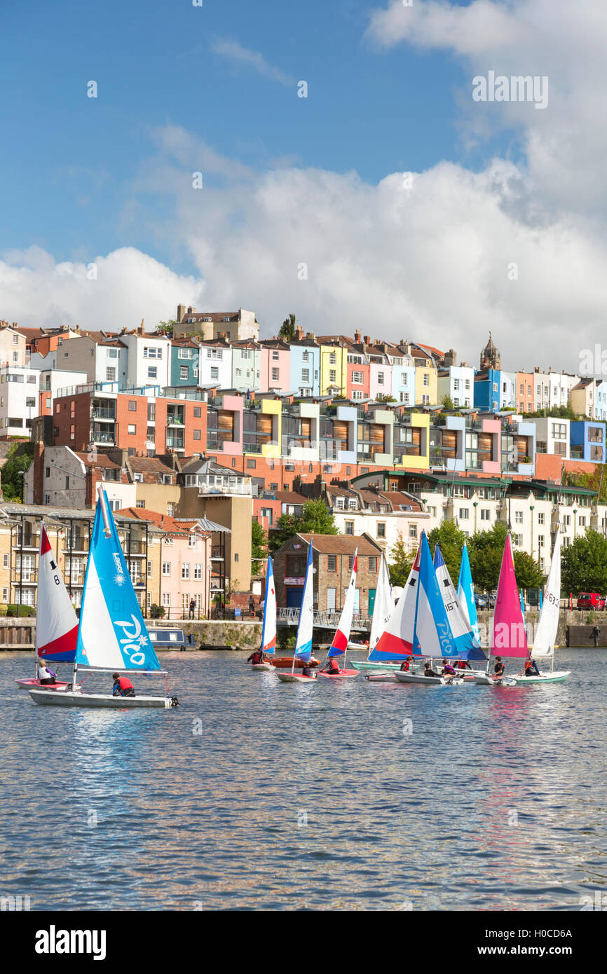 Colourful Dinghy sailing in Bristol Floating Harbour, Bristol, Avon, England, UK Stock Photo