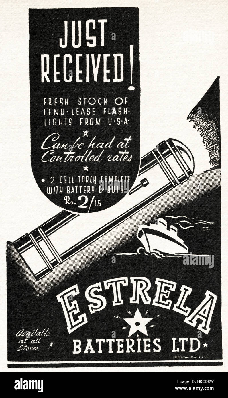 Advertisement Advertising Lend Lease Flashlight Torch By Estrela Batteries Ltd Original Old Vintage Advert From English Language Magazine Published In India Dated 1945 Stock Photo Alamy