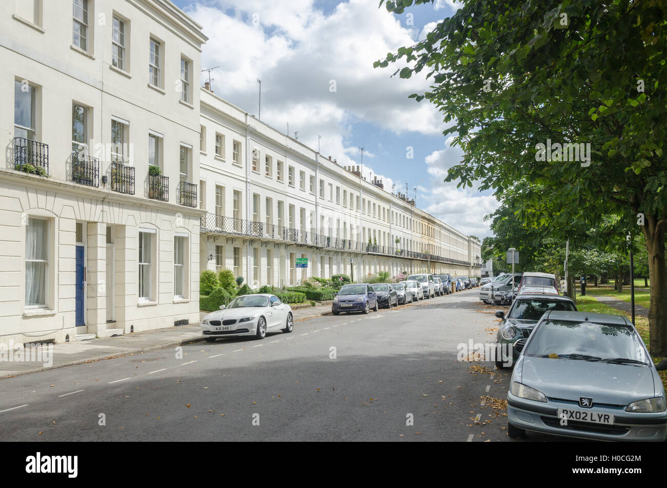 Row of smart white Regency houses in Montpellier Spa Road, Cheltenham