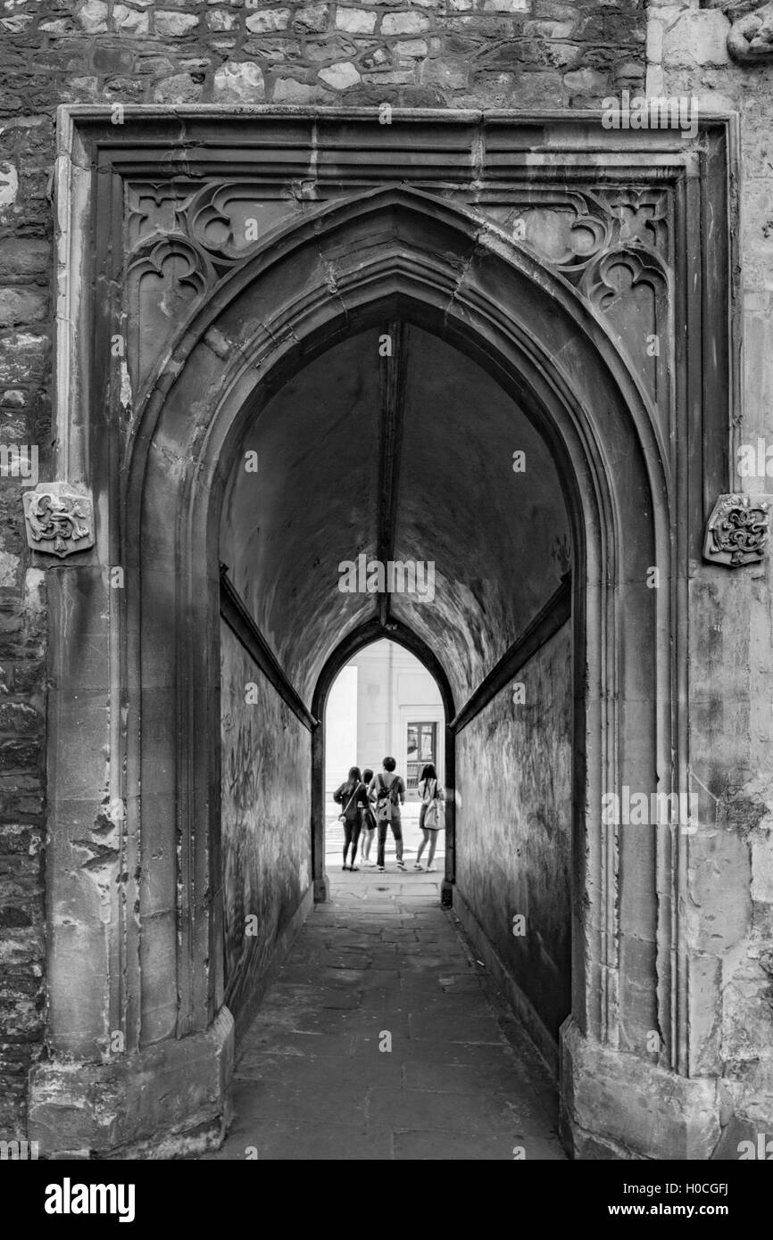 Monochrome of John’s Gate (North Gate) part of St John the Baptist Church at the bottom of Broad Street, Bristol, England, UK Stock Photo