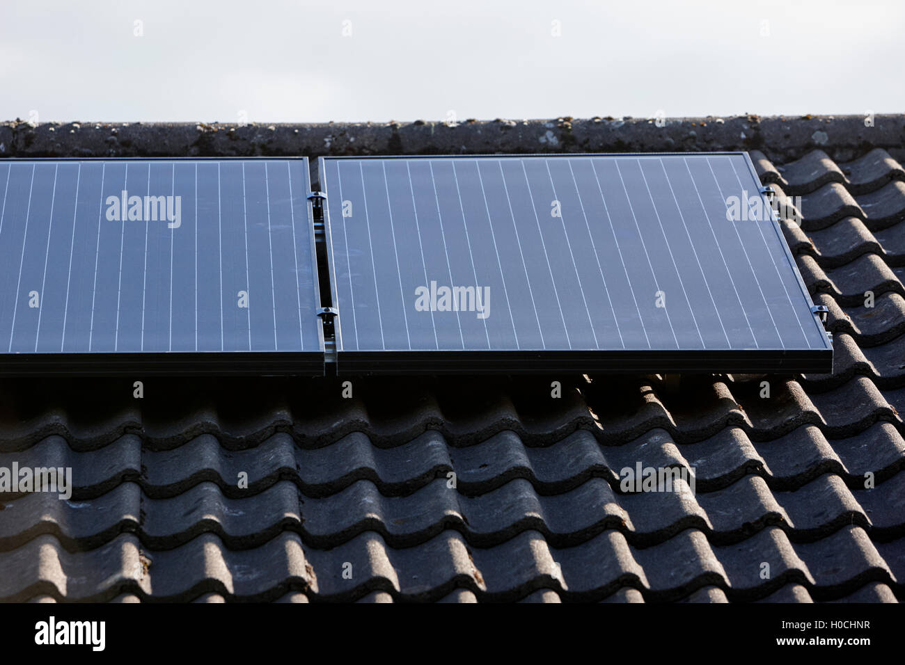 black premium roof mounted solar panels in a domestic solar panel installation in the uk Stock Photo