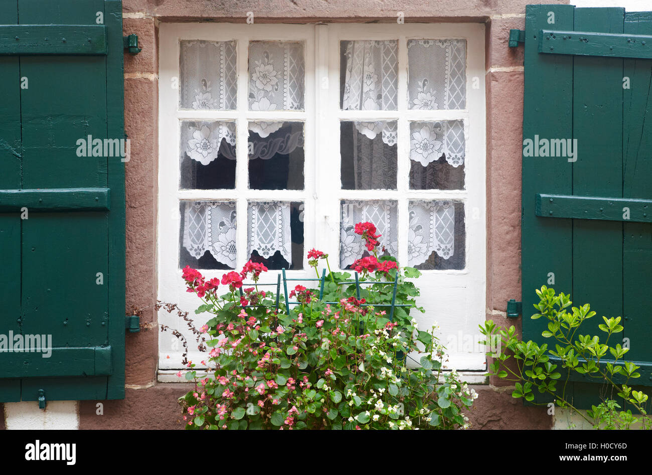 Old wooden window with flowers in green and white tone. Horizontal ...
