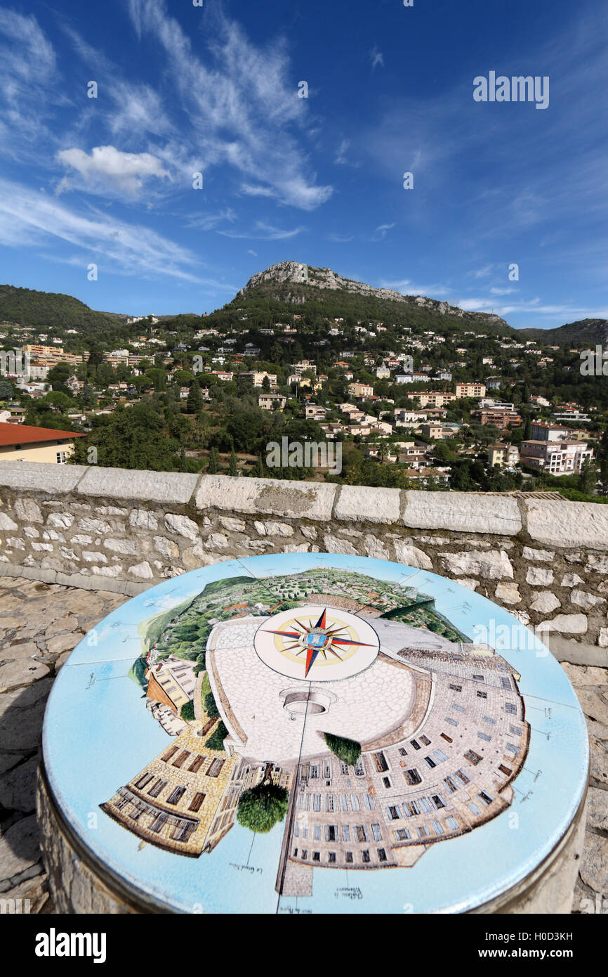View from Vence with ceramic location plan in foreground,  Alpes Maritimes, Provence-Alpes-Cote d'Azur, France Stock Photo