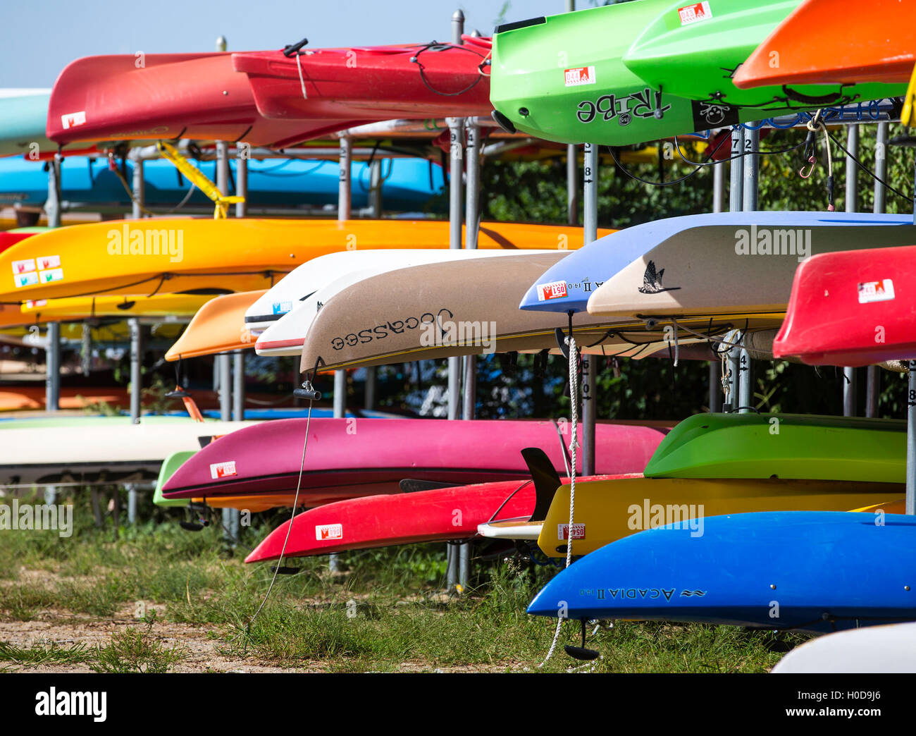 Kayaks and canoes on a rack in Oyster Bay, New York Stock Photo Alamy