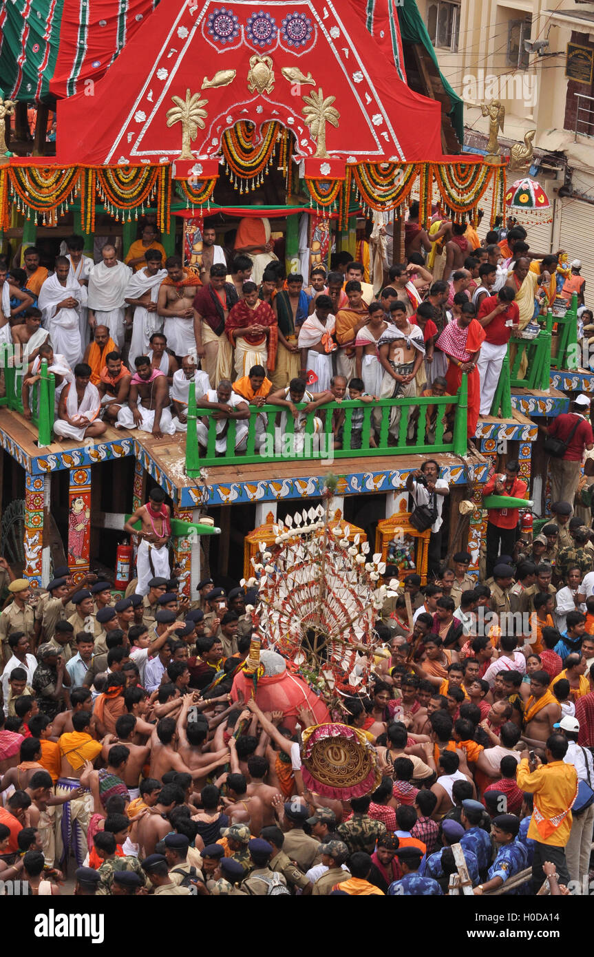 Puri, Odisha, India - July 3, 2011: Deity of Balbhadra being taken to the chariot on the occasion of Lord Jagannath Rath Yatra at Puri, Odisha, India. Stock Photo