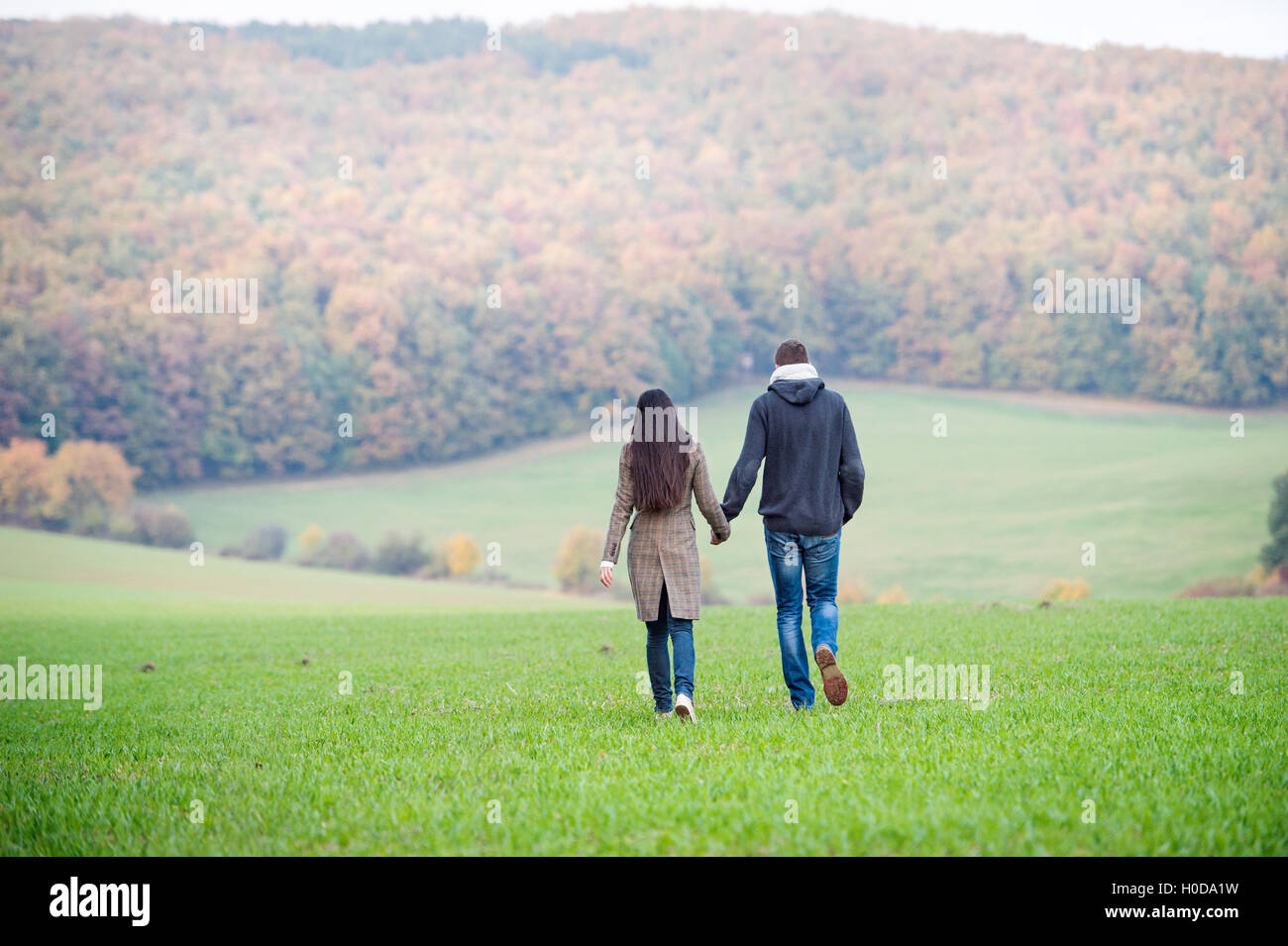 Beautiful young couple on a walk. Colorful autumn nature Stock Photo ...