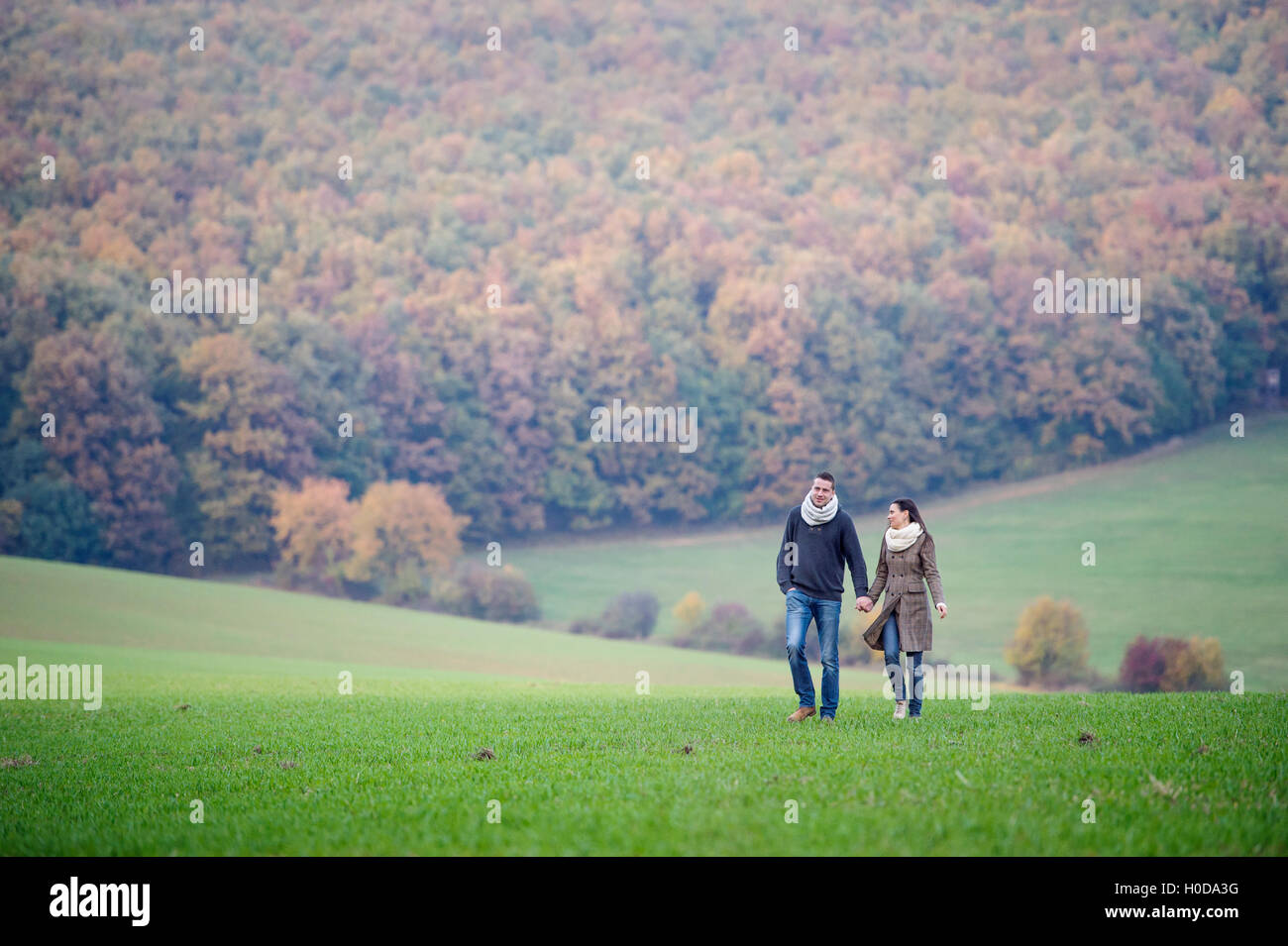 Beautiful young couple on a walk. Colorful autumn nature Stock Photo ...
