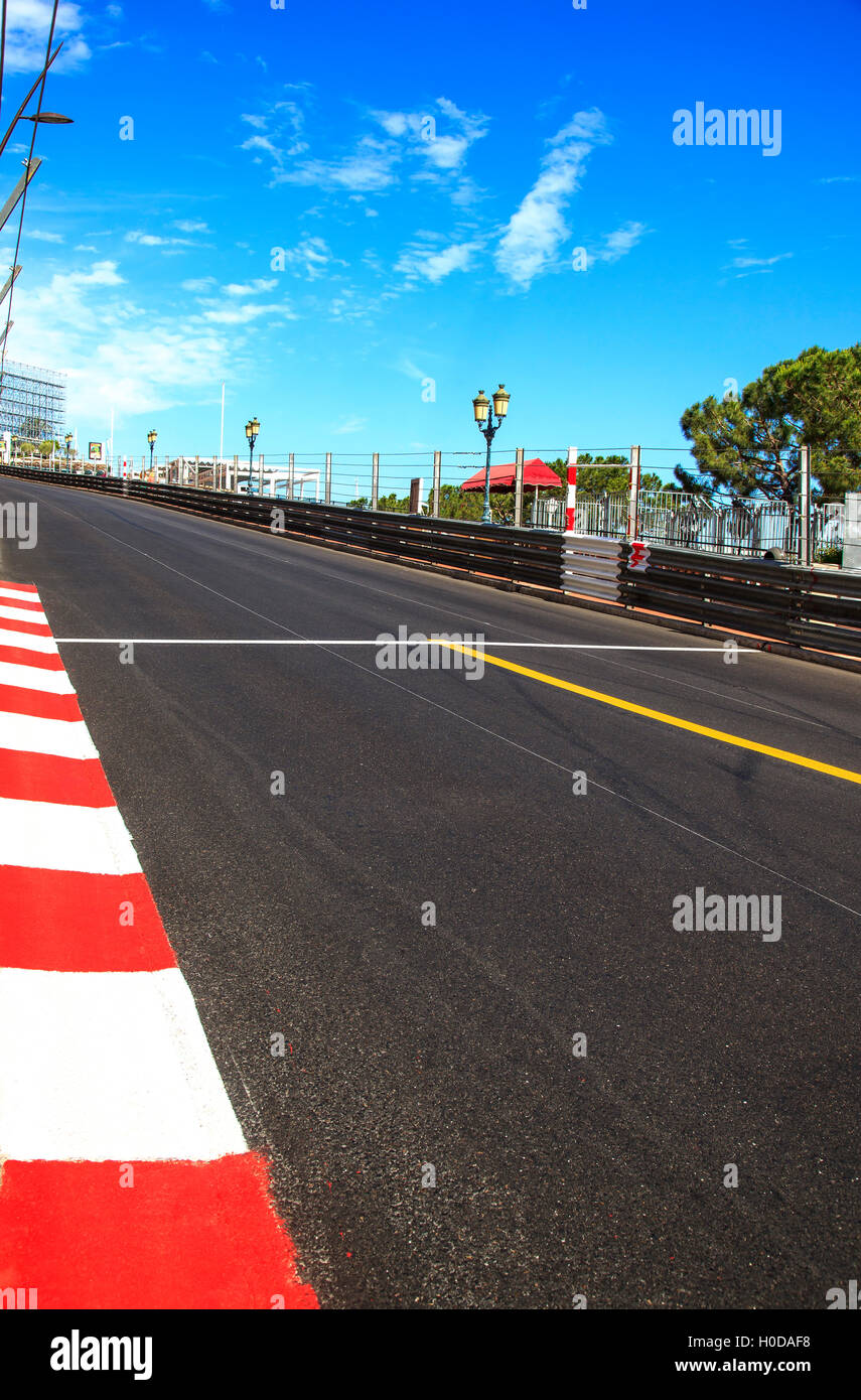 Monaco, Monte Carlo. Sainte Devote and Beau Rivage straight motor race asphalt on Grand Prix street circuit. Stock Photo