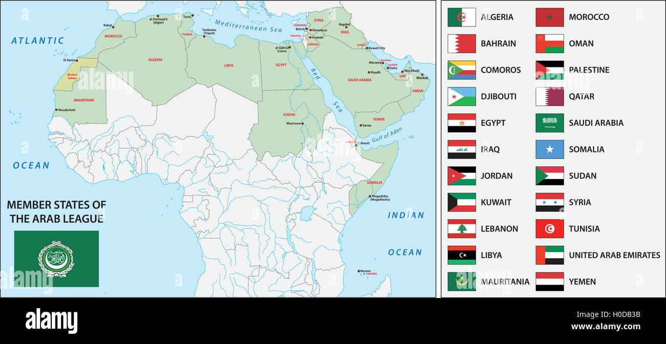 arab league map with flags Stock Vector