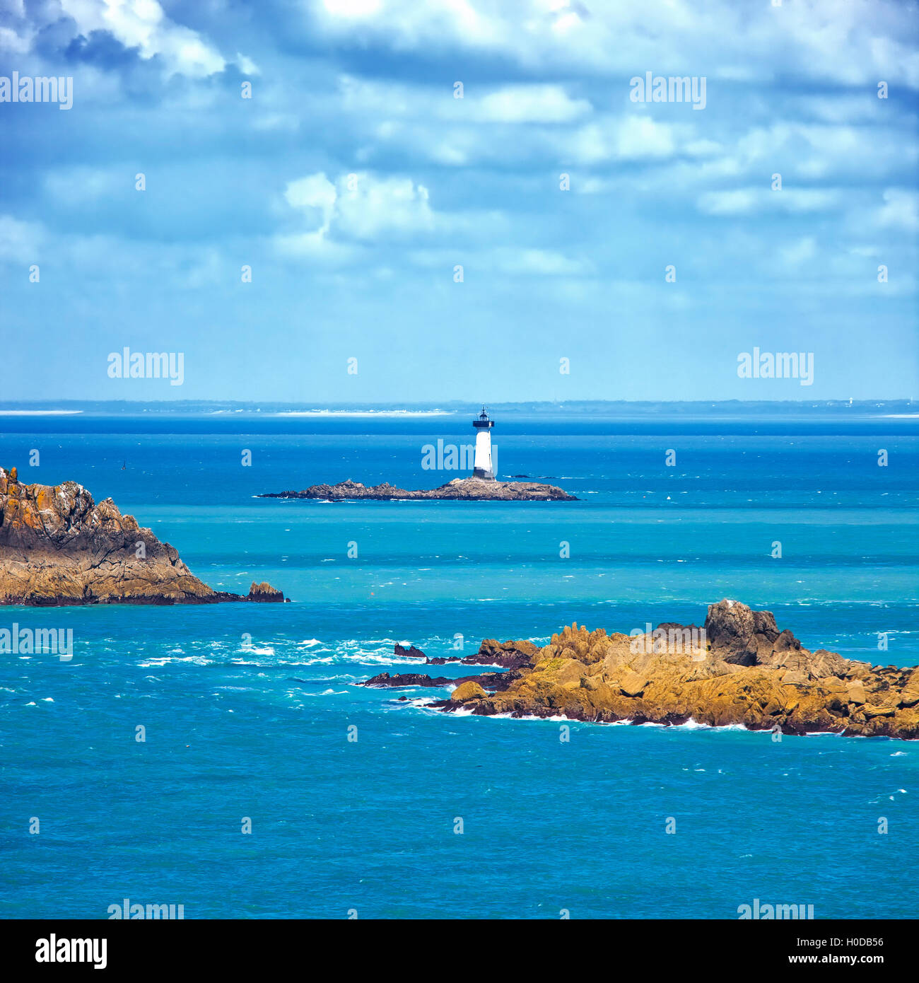 Brittany ocean panorama, Landes island and lighthouse Point du Grouin. Mont Saint Michel bay entrance. Cancale, France Stock Photo