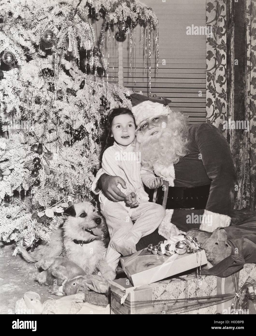 Little girl sitting on Santa's lap under Christmas tree Stock Photo