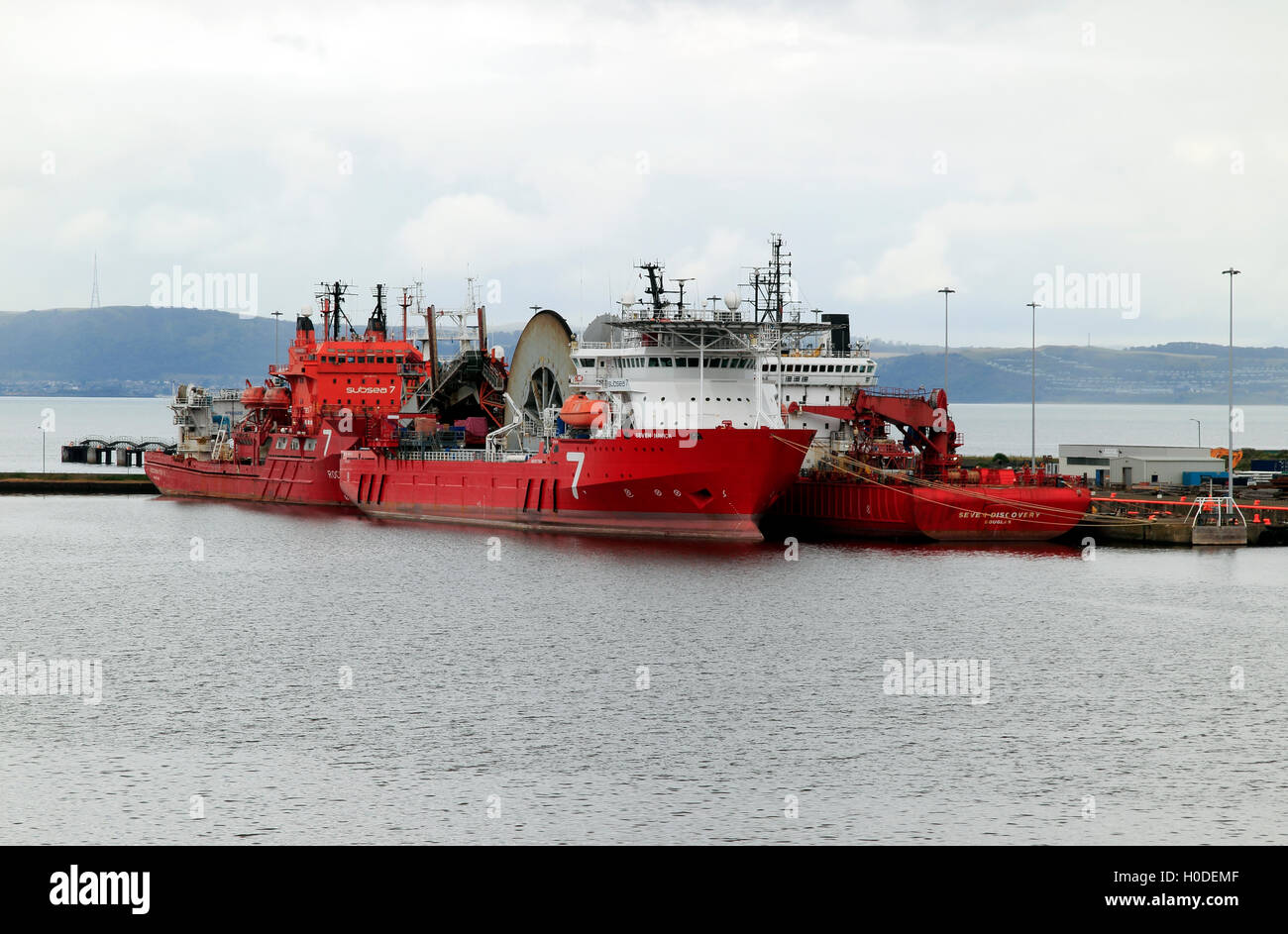 Subsea 7 vessels, marine engineering and construction berthed at Leith, Edinburgh, Scotland, UK Stock Photo