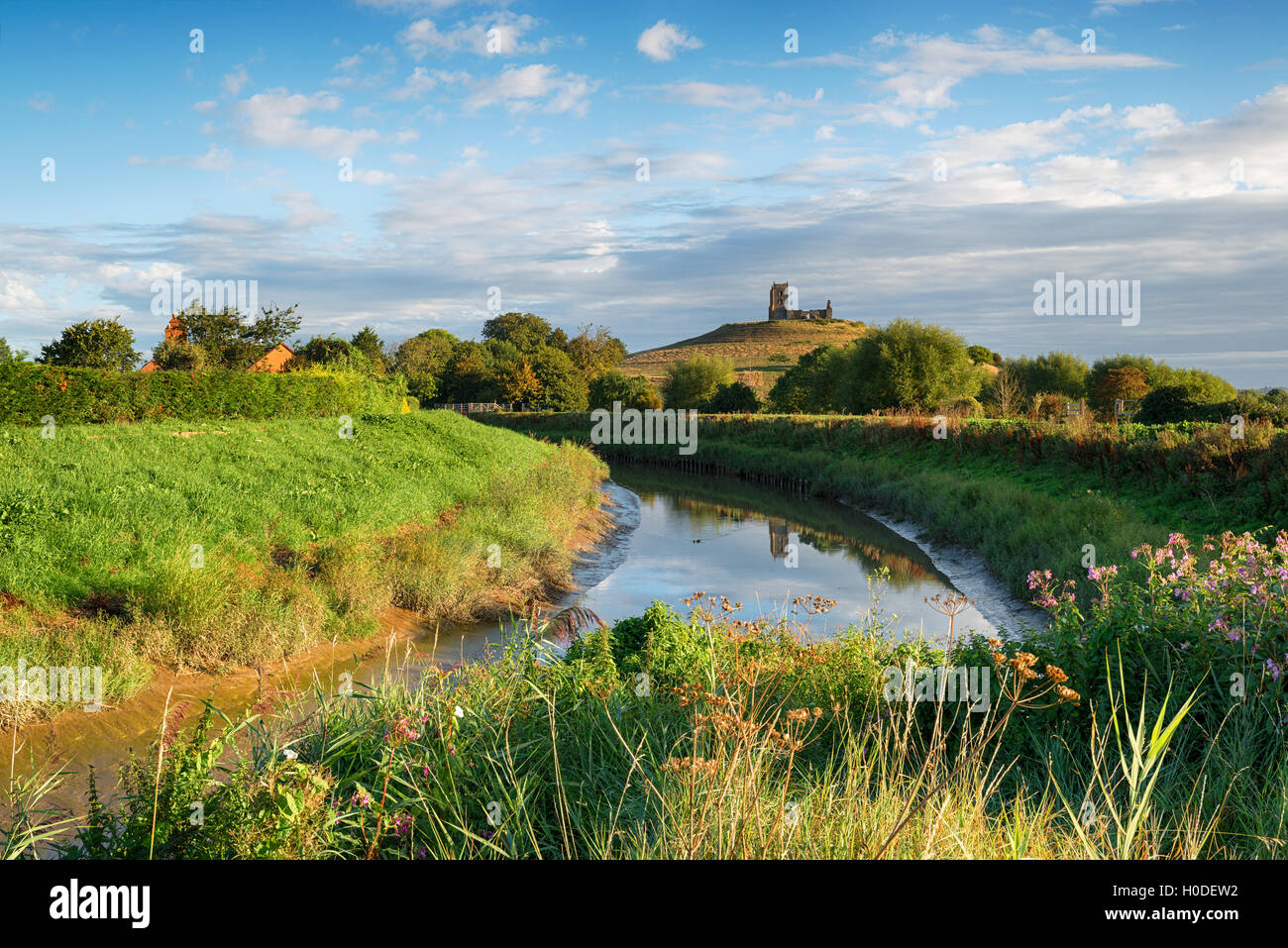 The convergence of the rivers Tone and Parrett below Burrow Mump on the Somerset Levels Stock Photo