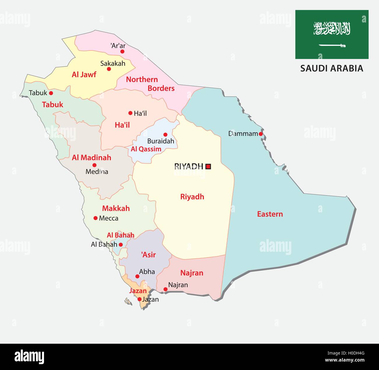 saudi arabia administrative map with flag Stock Vector