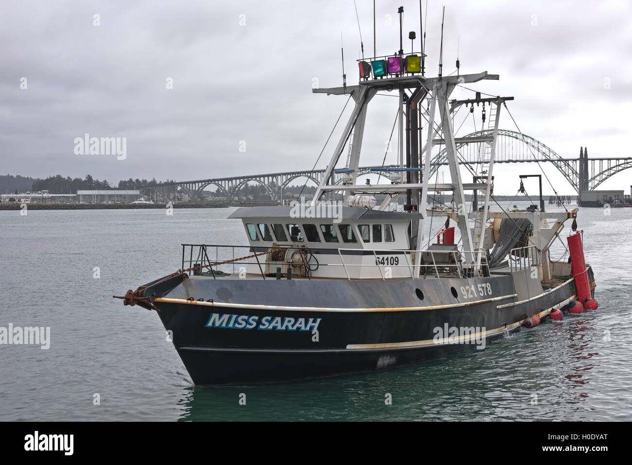 Fishing vessel returning to port after a days work Newport Oregon. Stock Photo