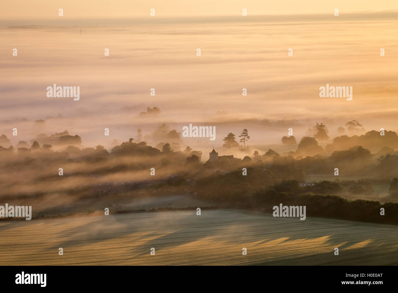 A beautiful misty start to the day over the Sussex countryside. Firle, Lewes, East Sussex, UK Stock Photo