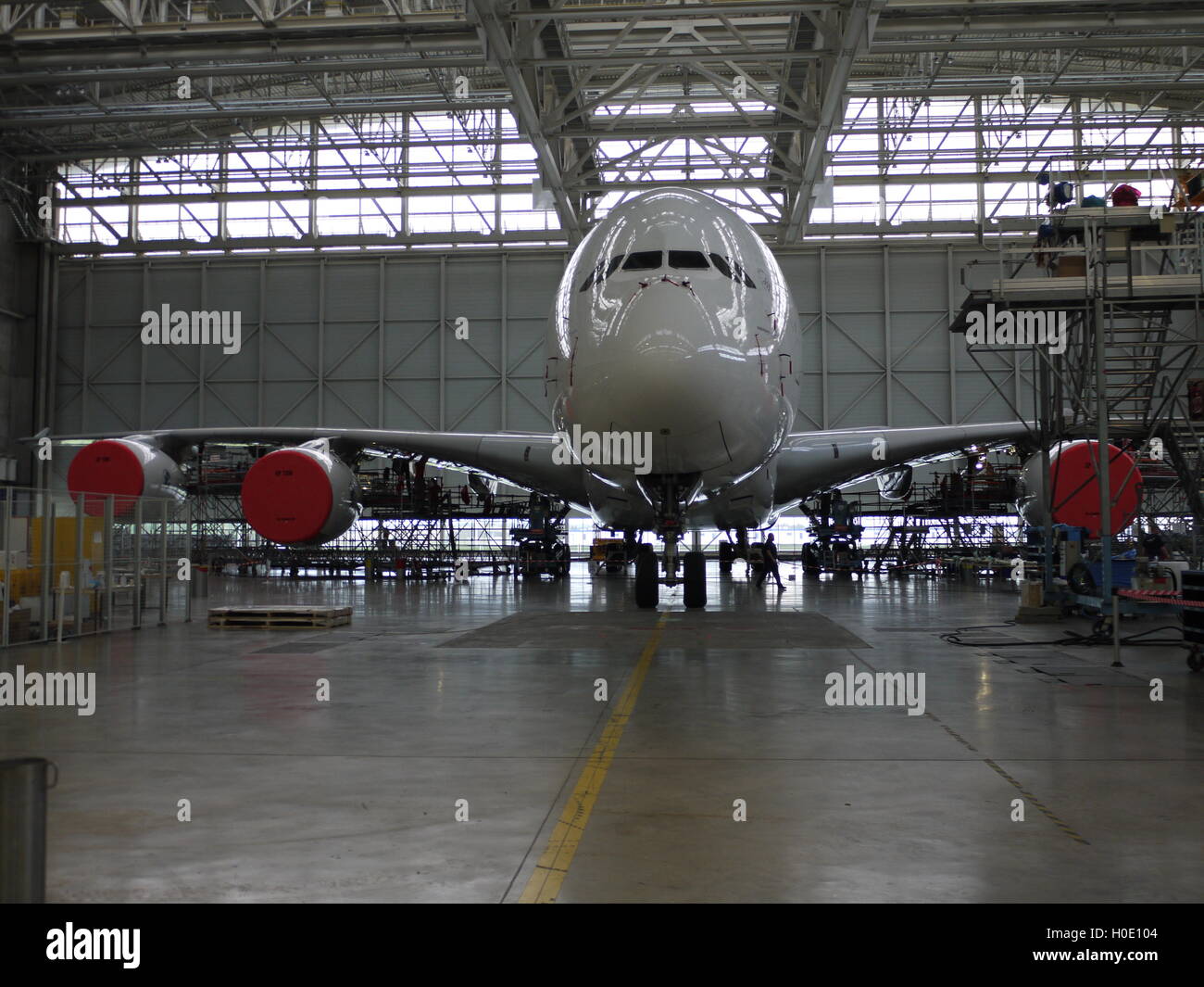 Super Jumbo A380 from Airbus on final assembly line waiting for delivery in Toulouse (France) Stock Photo