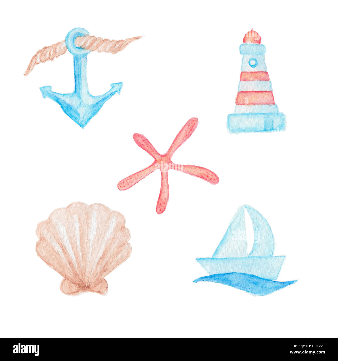Anchor with rope, boat and wave ,lighthouse, seashell and red starfish watercolor pencils illustrations isolated on white Stock Photo