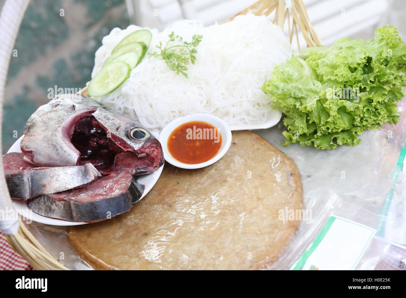 Special Vietnamese rice vermicelli with fresh makerel fish head, fish