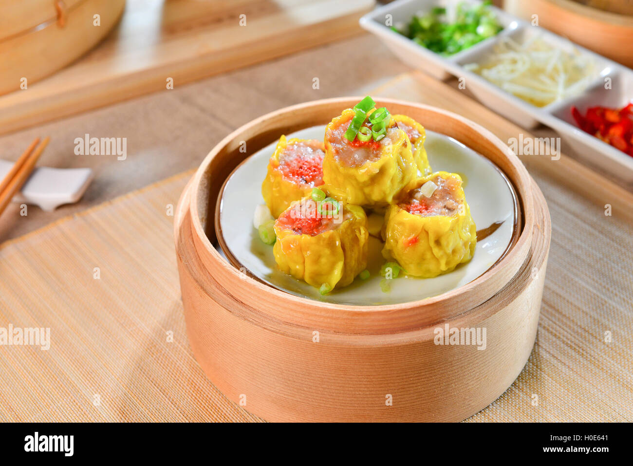 Crab Dumplings in chinese style in bamboo tray in asian restaurant
