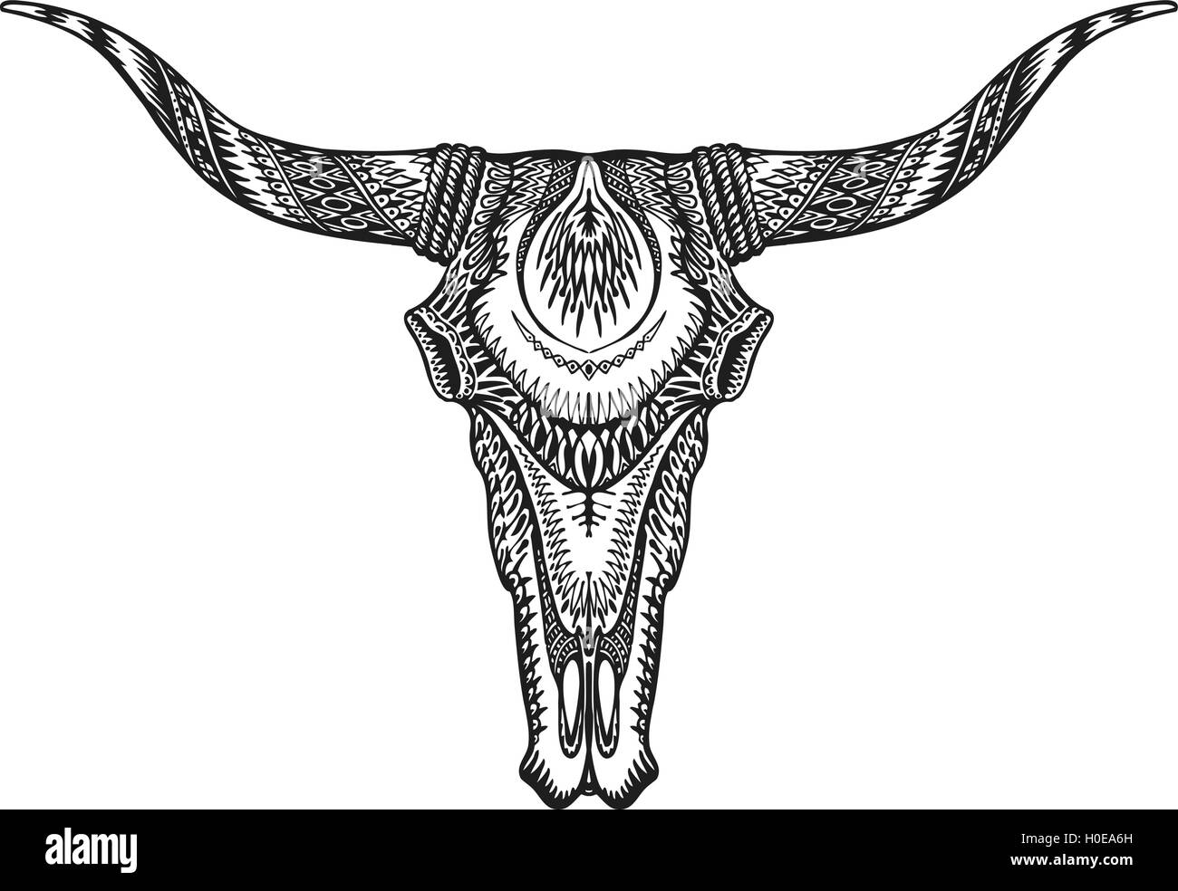 Decorative Indian bull skull. Hand drawn vector illustration Stock Vector