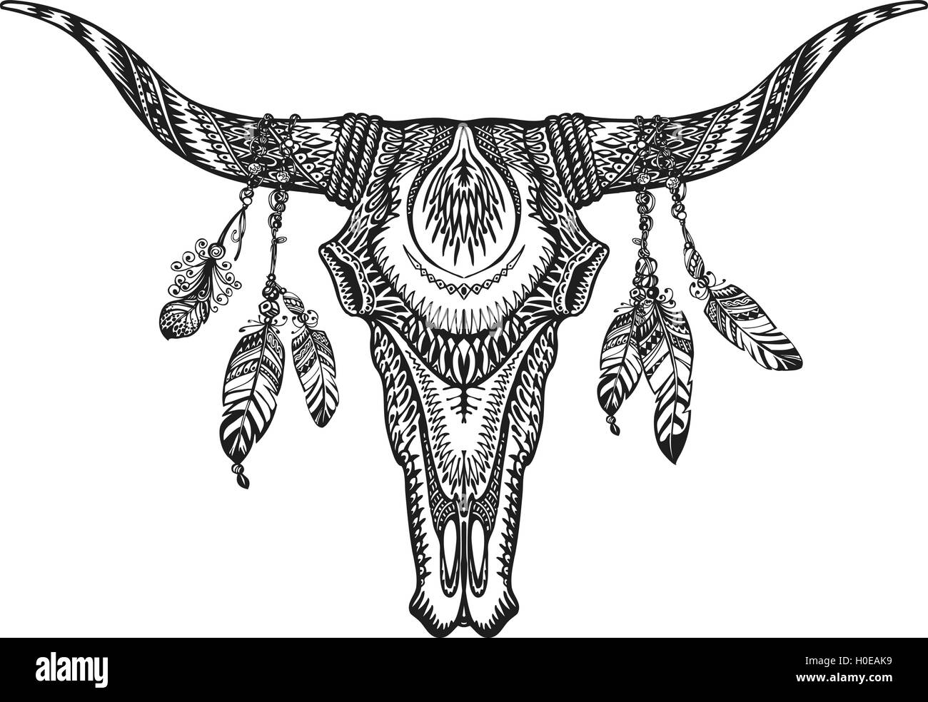 Vector tribal animal skull illustration with ethnic ornaments Stock Vector