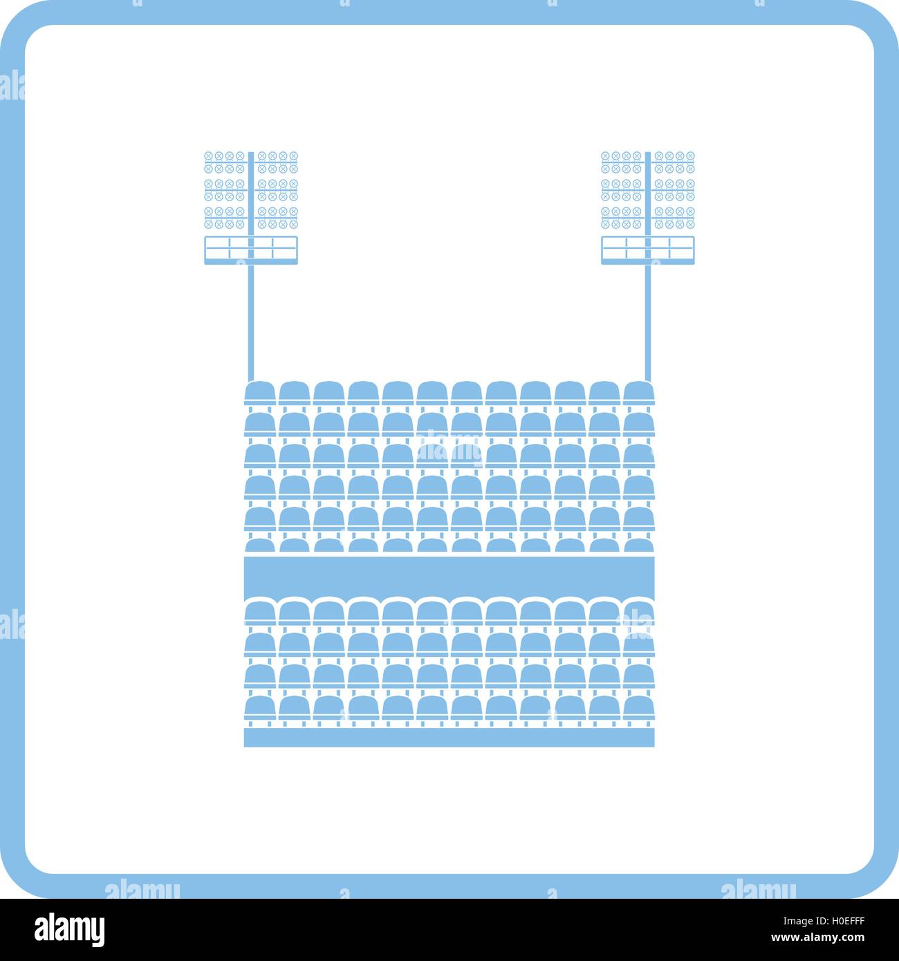 Stadium tribune with seats and light mast icon. Blue frame design. Vector illustration. Stock Vector