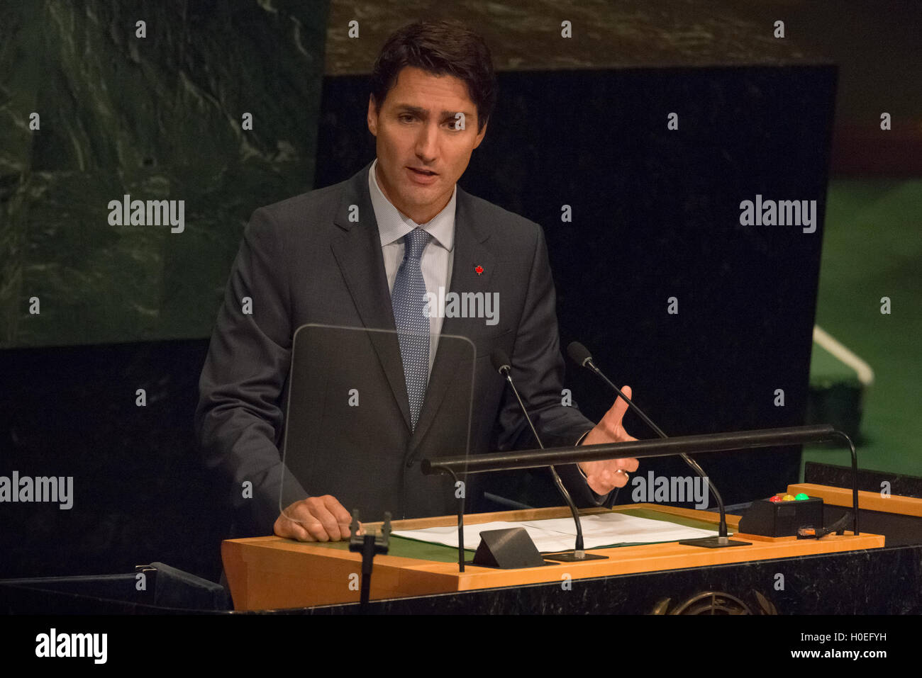 New York, Unknown. 20th Sep, 2016. Canadian Prime Minister Justin Trudeau delivers his remarks on the first day of the UN General Assembly's General Debate, IN General Assembly Hall at UN Headquarters in New York. Credit:  Albin Lohr-Jones/Pacific Press/Alamy Live News Stock Photo