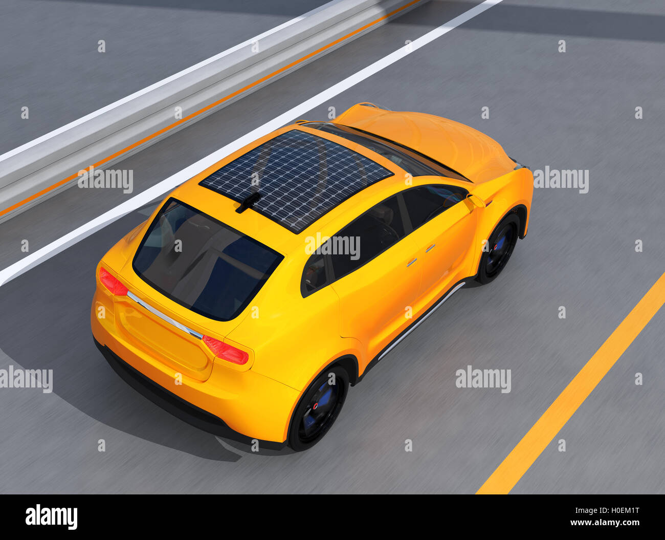 Yellow electric SUV with solar panel on the roof driving on arc bridge. 3D rendering image. Stock Photo