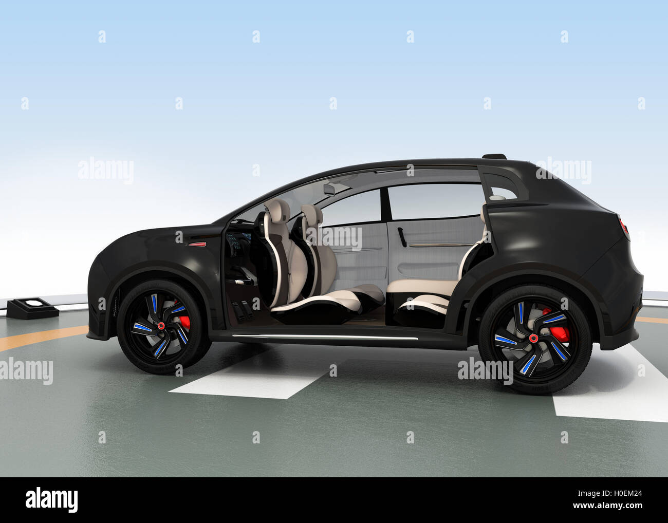 Black electric SUV parking on the helipad. The doors opened and front