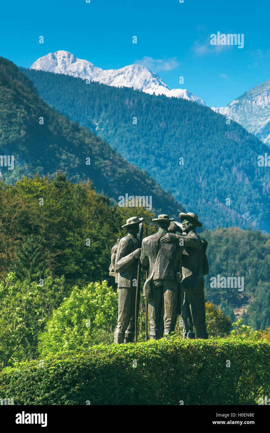 RIBCEV LAZ, SLOVENIA - AUGUST 25, 2016: Four brave men from Bohinj - the first men on Triglav. Statue of Bohinj natives that cli Stock Photo