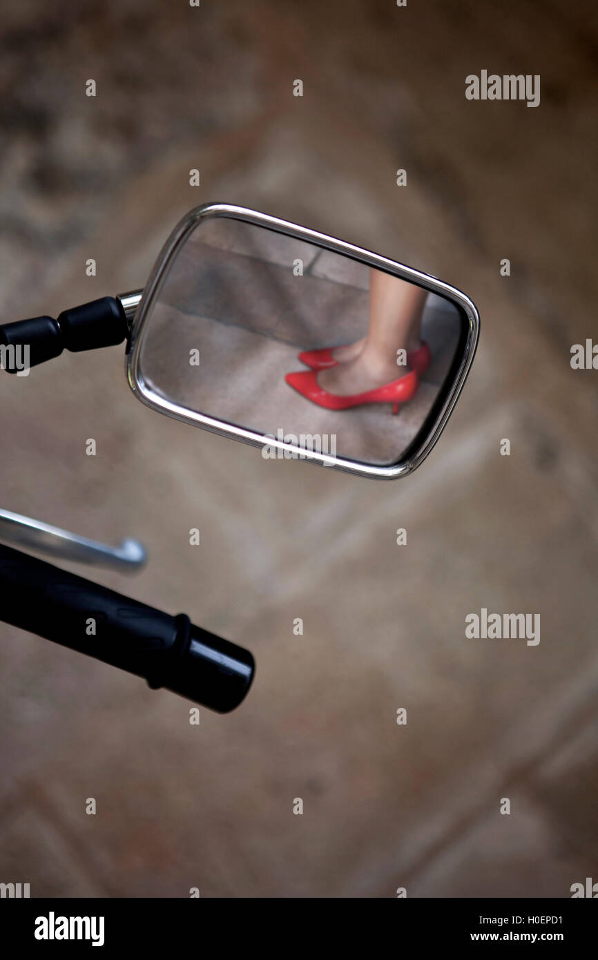 View in the rear view mirror of motorcycle Stock Photo
