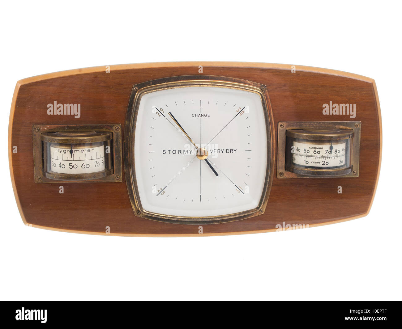 Vintage wooden barometer on pure white background Stock Photo